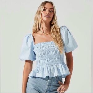 Astr The Label Savina Smocked Puff Sleeve Blouse, Pastel Light Blue, Size M
